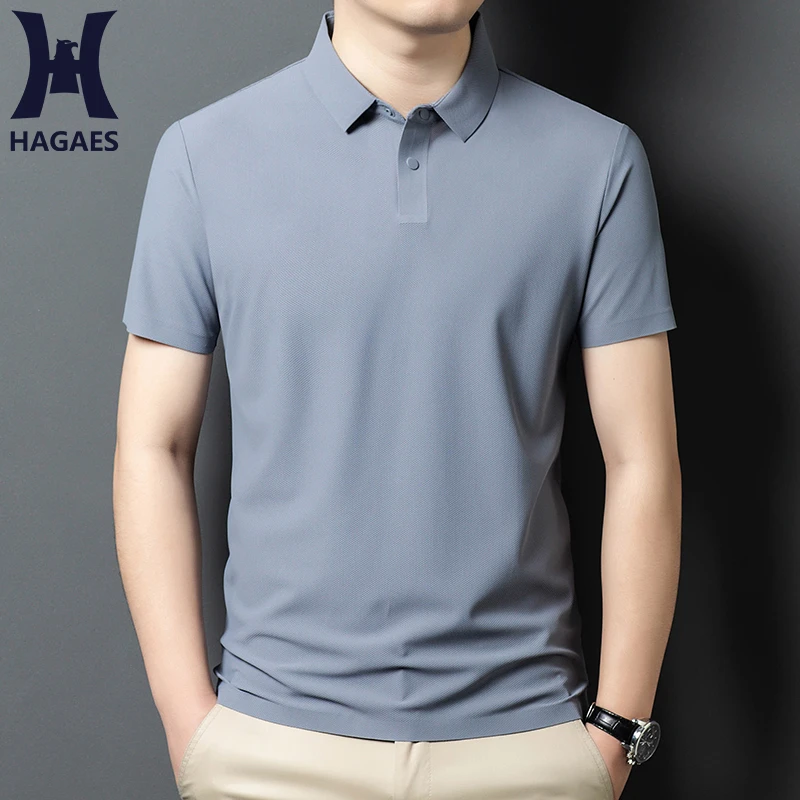 哈加仕HAGAES高档无痕短袖T恤男翻领纯色商务休闲冰丝polo衫男款