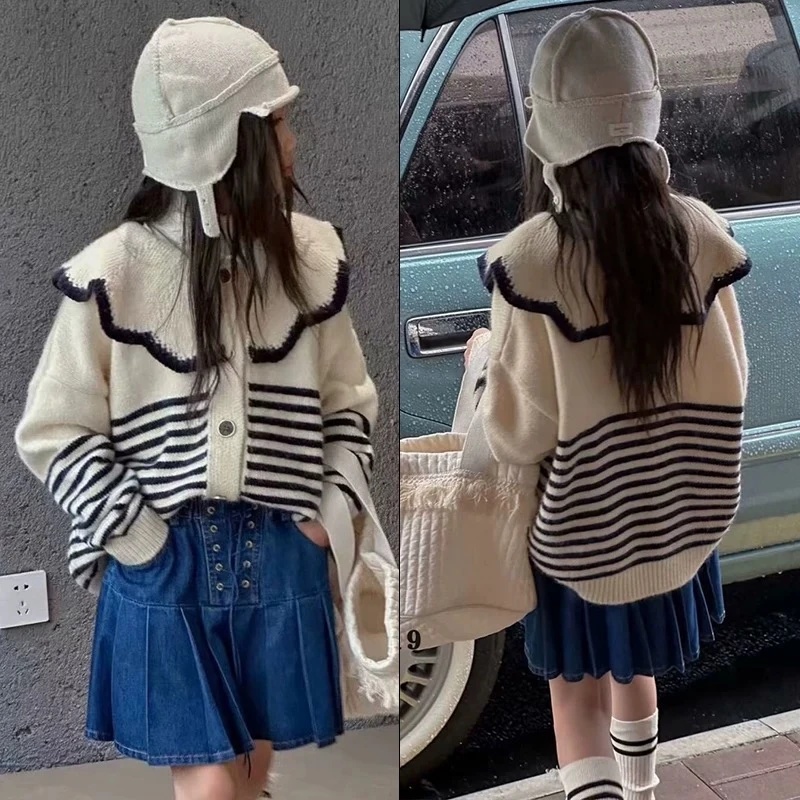 【亲子款】儿童针织外套2024秋装中大童大花边翻领毛衣儿童条纹上