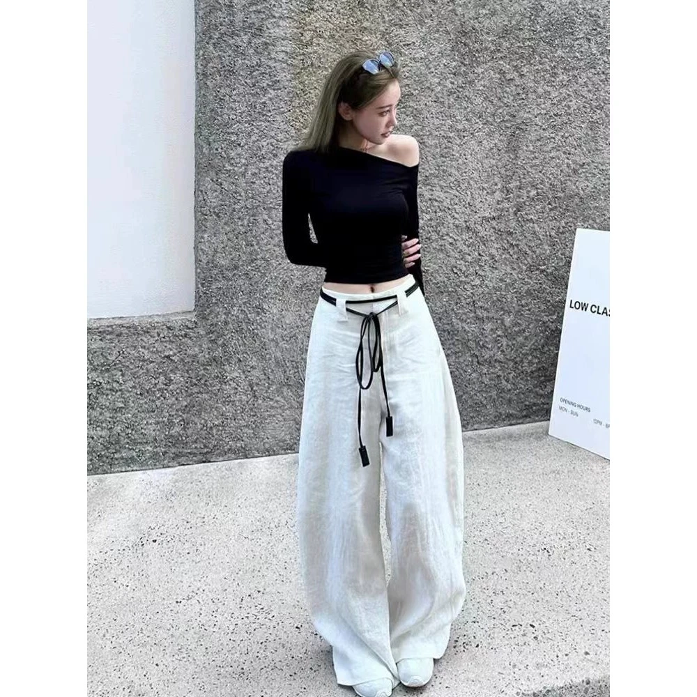 白色亚麻阔腿裤女2025夏抽绳绑带设计感休闲裤高腰垂坠感拖地裤