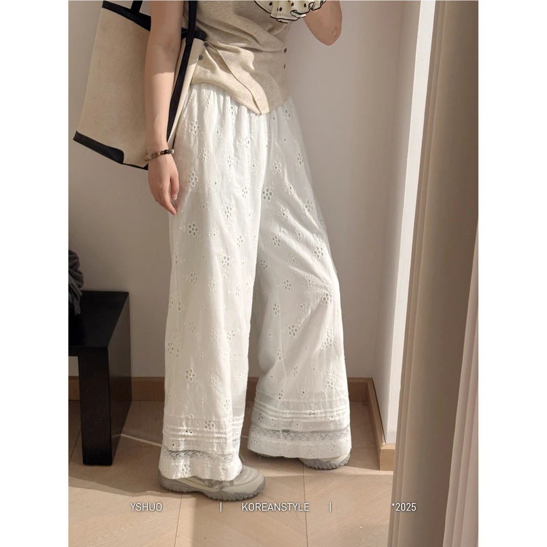 【茉莉奶霜】白色钩花镂空阔腿百搭设计感慵懒感长裤 6851
