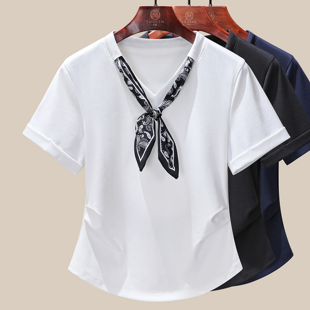 丝巾V领气质上衣短袖女款休闲t恤2025新款洋气夏日穿搭高级感穿搭