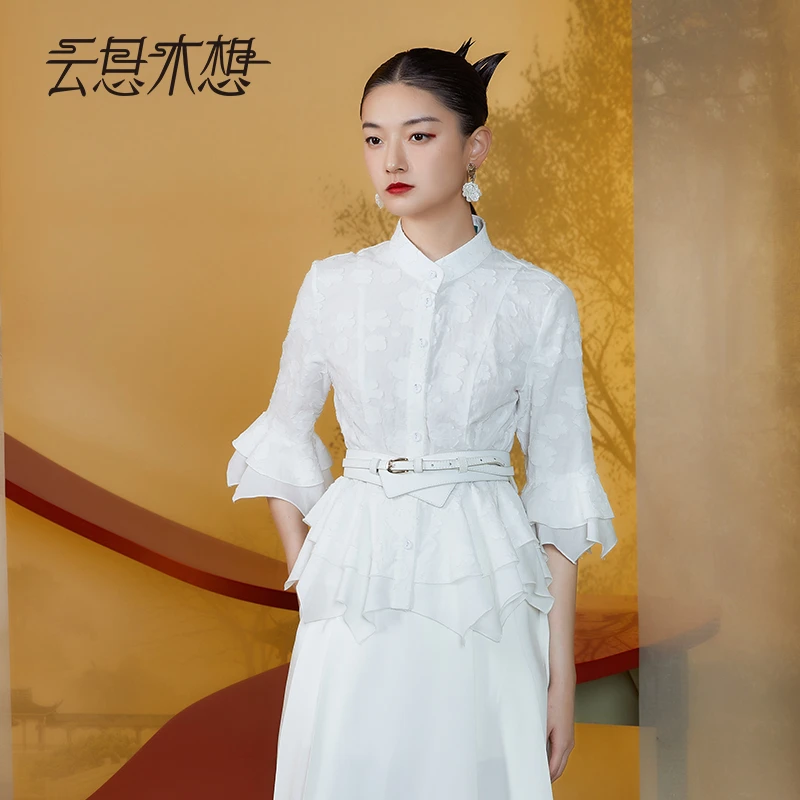 Ysimo-X云思木想新中式2024夏季新款不规则荷叶边气质衬衫11455