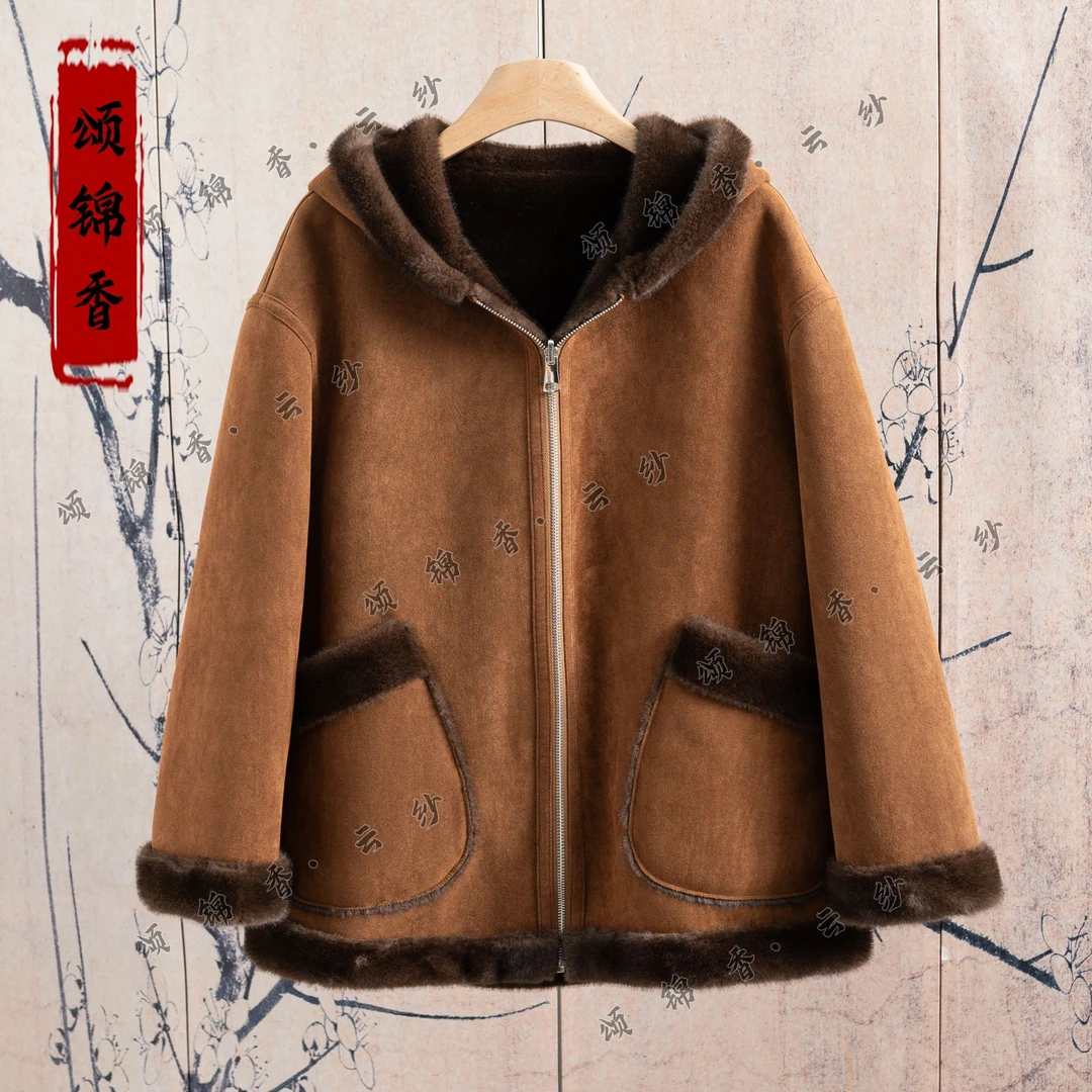 【锦】双面双穿|冬季简约时尚毛毛一体连帽加厚长款拉链外套A80