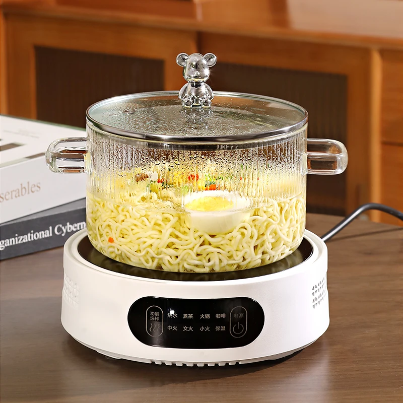 小熊玻璃汤锅家用双耳煮锅加大带盖耐高温小锅高硼硅辅食锅奶锅