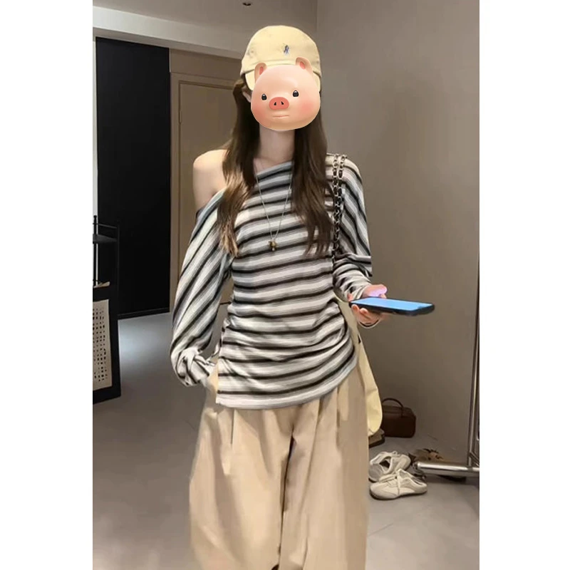 撞色条纹斜肩防晒长袖T恤女夏季薄款微透外搭不规则修身露肩上衣