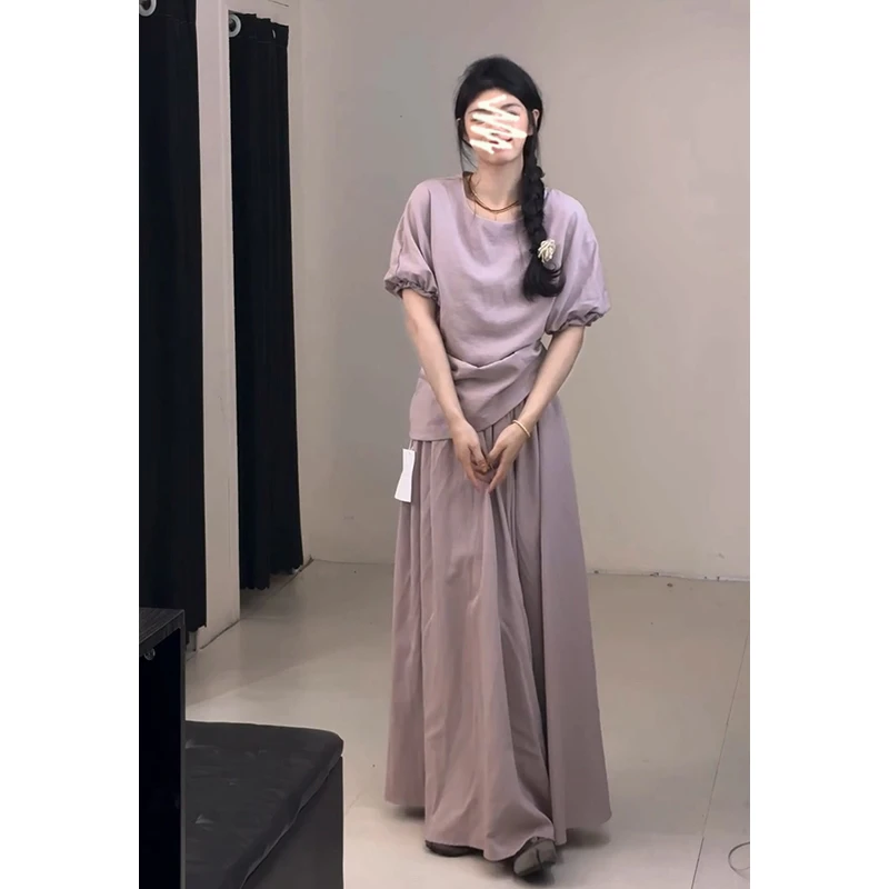 2025夏季新款法式设计感宽松圆领短袖上衣气质高腰显瘦A字半身裙