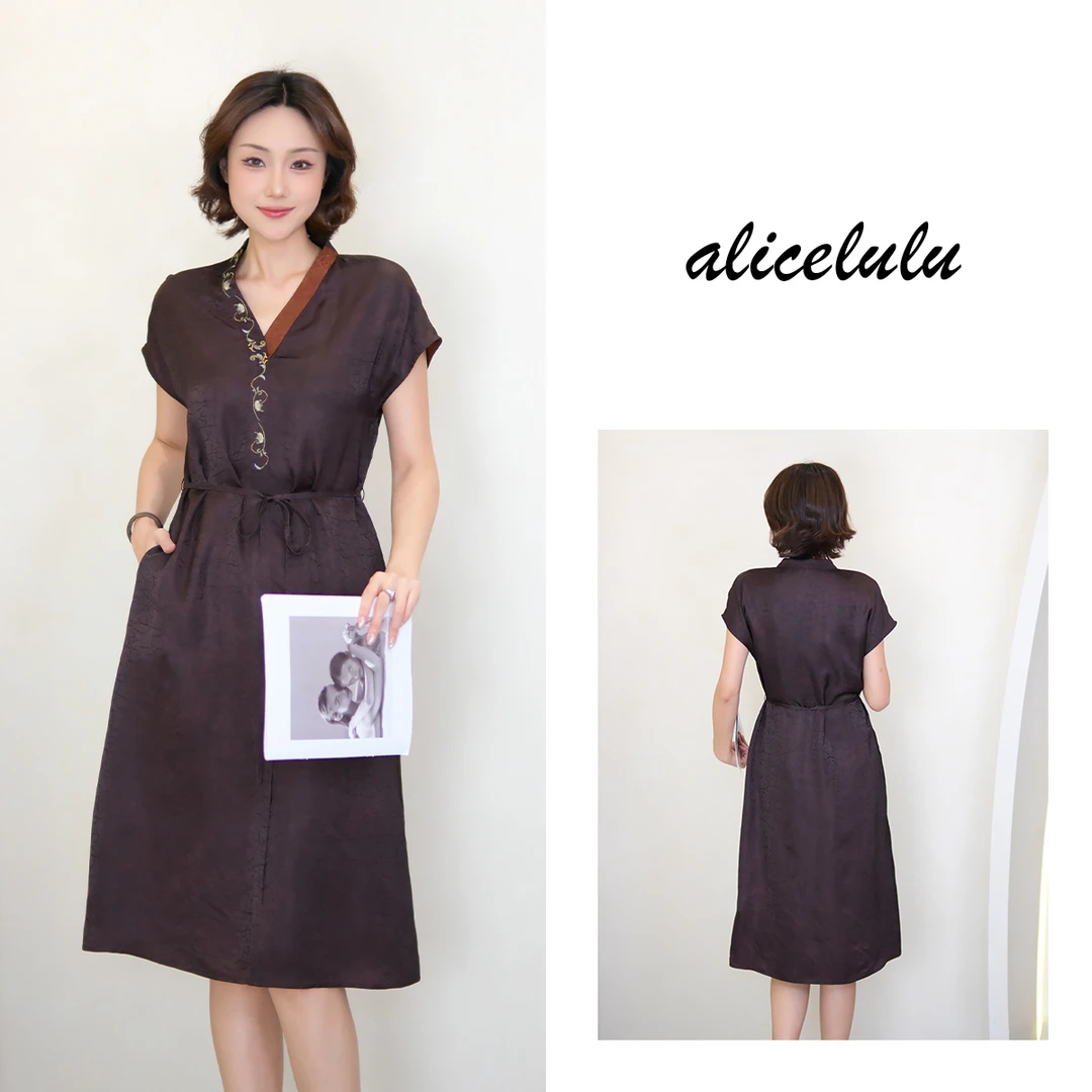[alicelulu]国风刺绣V领连衣裙女系带收腰显瘦S2143189W