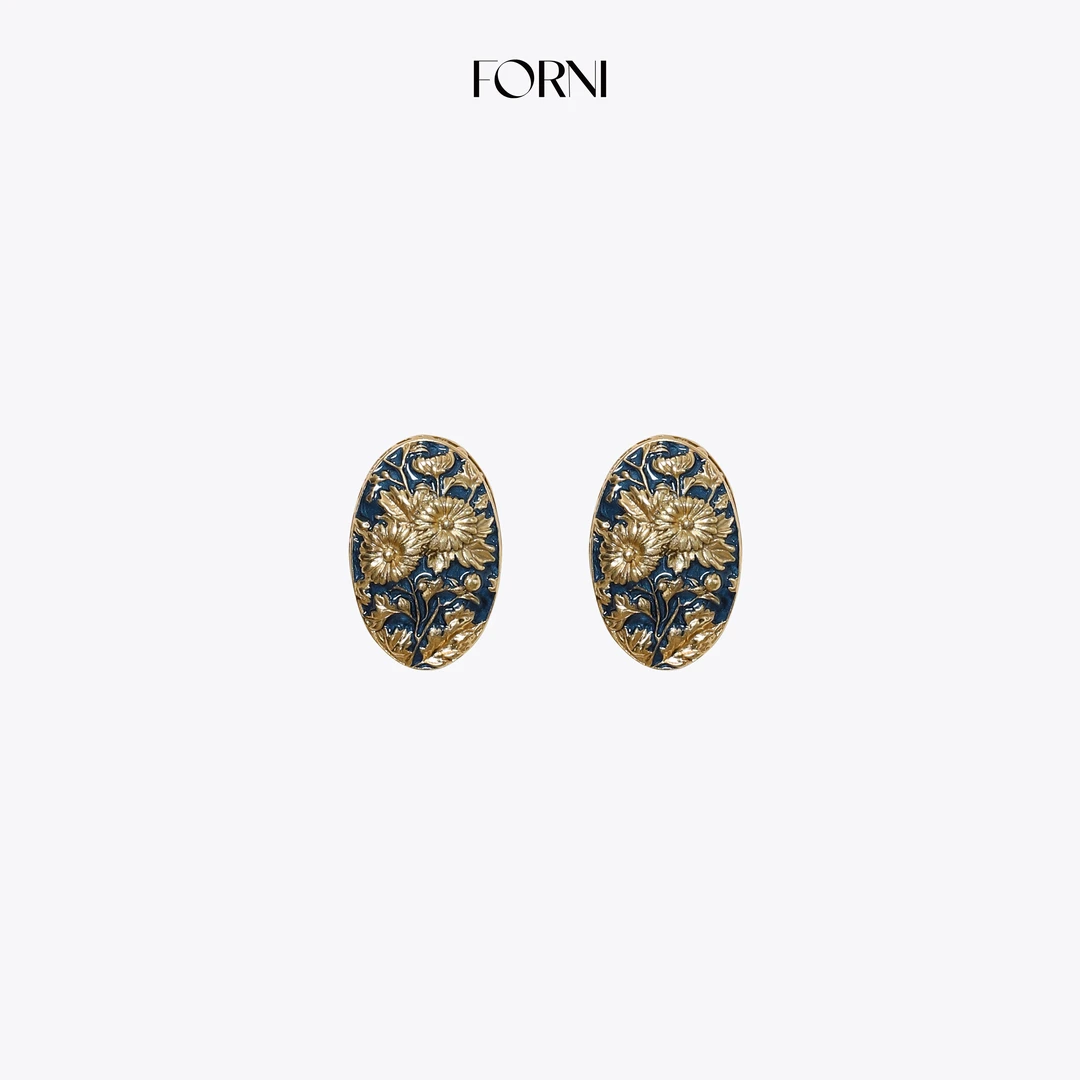 合金珐琅耳饰 FORNI 洛神赋 浮雕花卉蛋形耳环宫廷风珐琅中古耳饰
