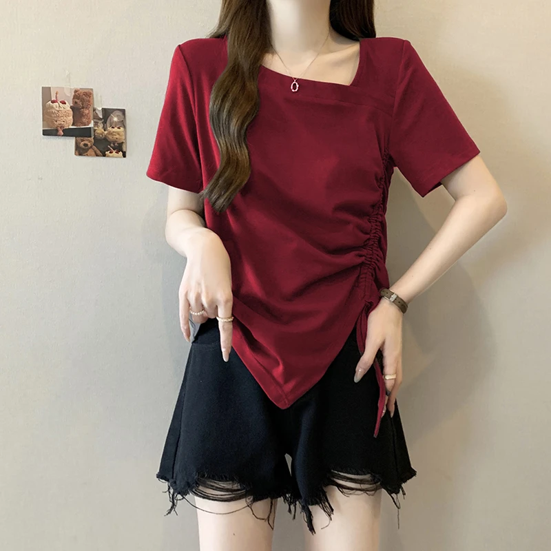 HH0827夏装新款胖mm大码女气质显瘦设计感遮肉不对称短袖T恤