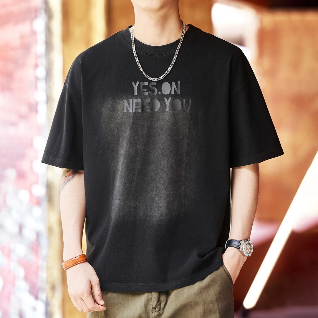 格蓝鹿高端日系复古水洗短袖t恤男2025夏季新款宽松重磅半袖上衣