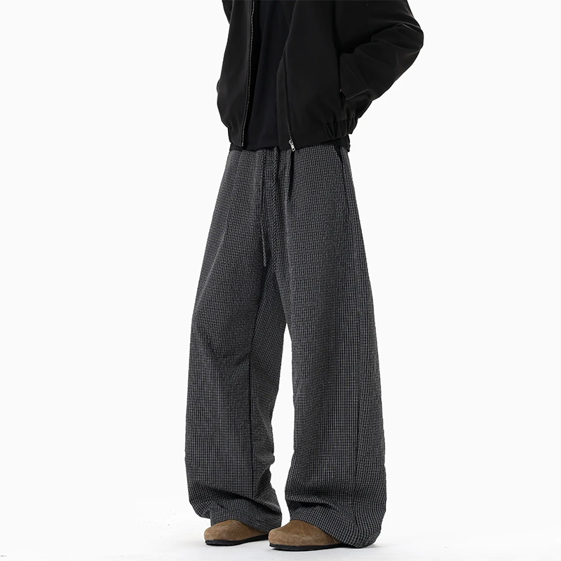 BIFEILESS复古松紧腰抽绳泡泡纱格子早秋弯刀裤慵懒风阔腿长裤