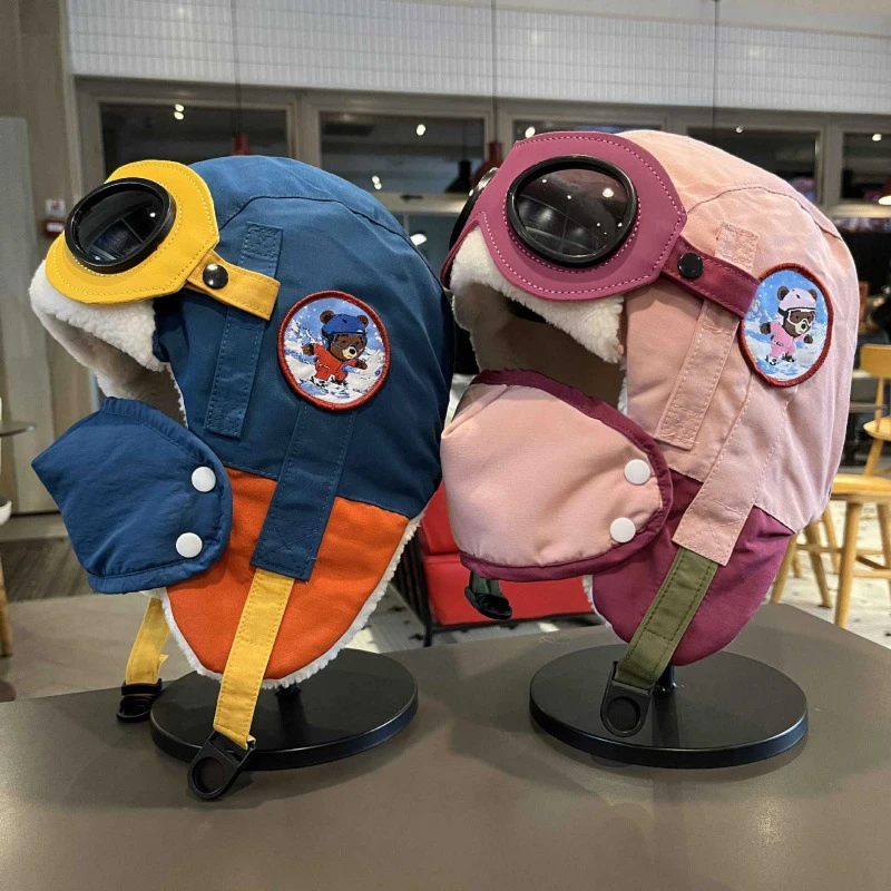 儿童小熊帽冬季飞行员雷锋帽中大童防风护耳口罩加绒帽男女童滑雪