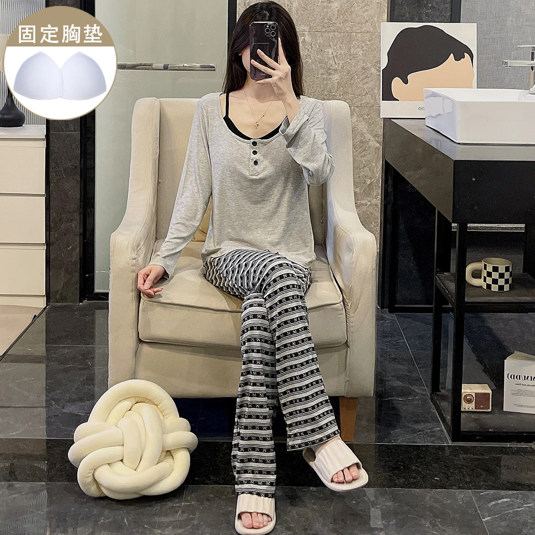 带胸垫睡衣女春秋季莫代尔宽松灰色长袖条纹长裤家居服套装韩系风