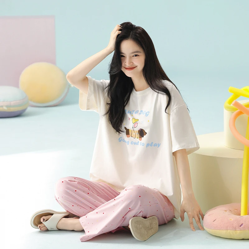 芬腾睡衣女夏季纯棉薄款凉感短袖套装抗菌防螨可爱休闲甜美家居服