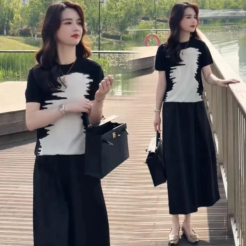 时尚连衣裙套装女2025夏季新款洋气显瘦冰丝针织短袖半身裙两件套