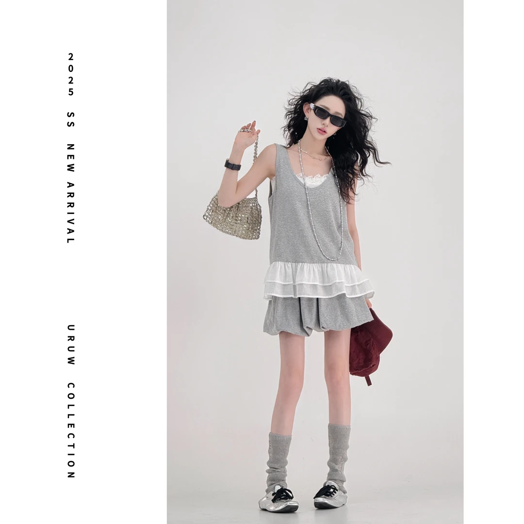 现货【美神降临】设计感无袖背心荷叶边拼接下摆春夏百搭上衣 6603