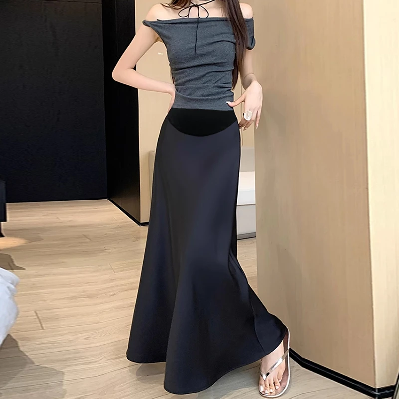 【黑色】【三个长度】孕妇装半身裙醋酸缎面鱼尾裙夏季法式复古大码裙