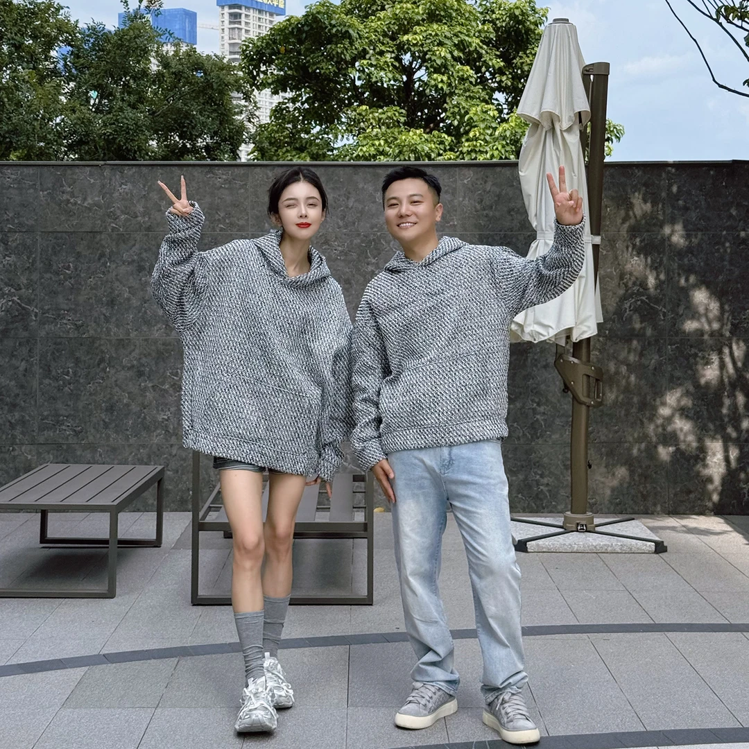 情侣款痞帅连帽卫衣秋冬新款美式粗花呢编织小香风潮牌高级感外套