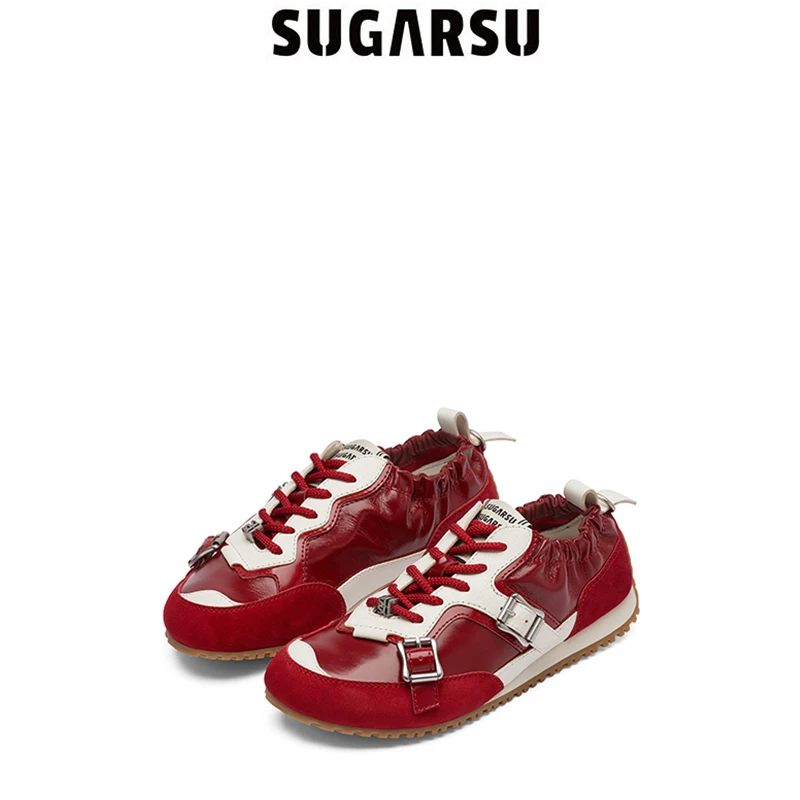 SugarSu 酥履25年春季新款复古红色德训休闲拼色搭扣芭蕾阿甘鞋女