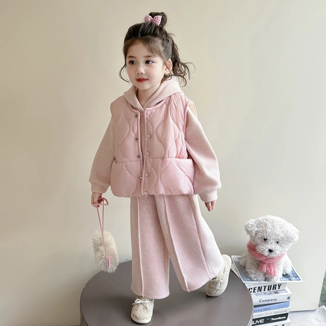 【2025冬款三件套】女童韩版洋气加绒卫衣马甲套装儿童冬季保暖加厚