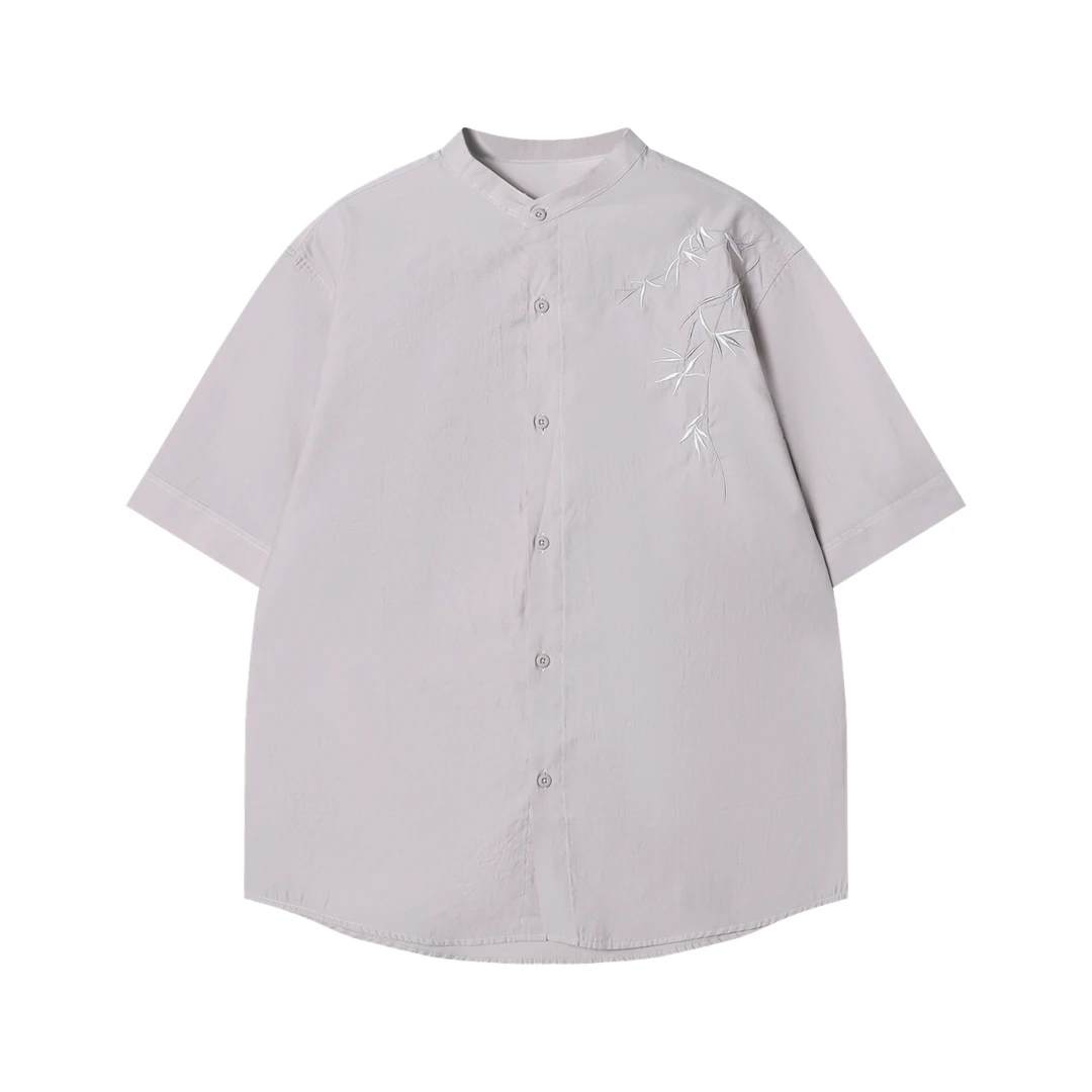 夏季高级感新款国风新中式竹叶刺绣圆领短袖衬衫百搭潮流简约衬衣