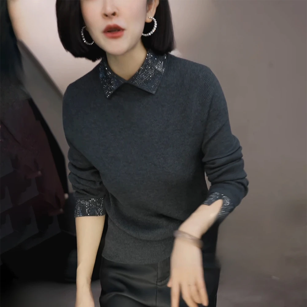 翻领时尚针织衫女士2025秋冬修身显瘦内搭烫钻打底毛衣假两件上衣