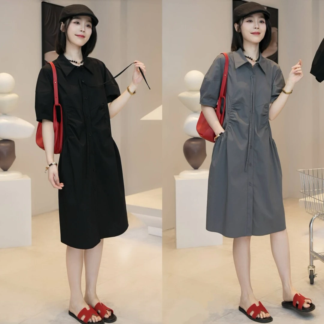 欧货设计感大口袋翻领短袖连衣裙夏女新款宽松休闲显瘦衬衫裙