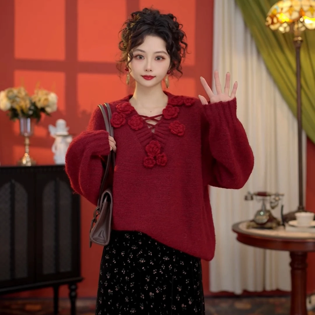 鹿晚不晚【红玫瑰】港风复古V领百搭现现秋冬针织毛衣LX9019395