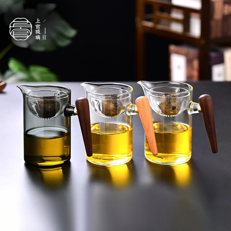 胡桃木把小青柑专用耐热透明加厚逍遥杯家用玻璃茶杯过滤网茶具