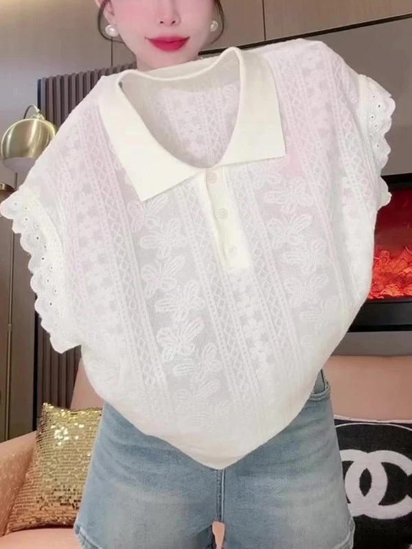 温柔风气质休息米白色针织翻领短袖T恤夏季复古时髦洋气宽松上衣