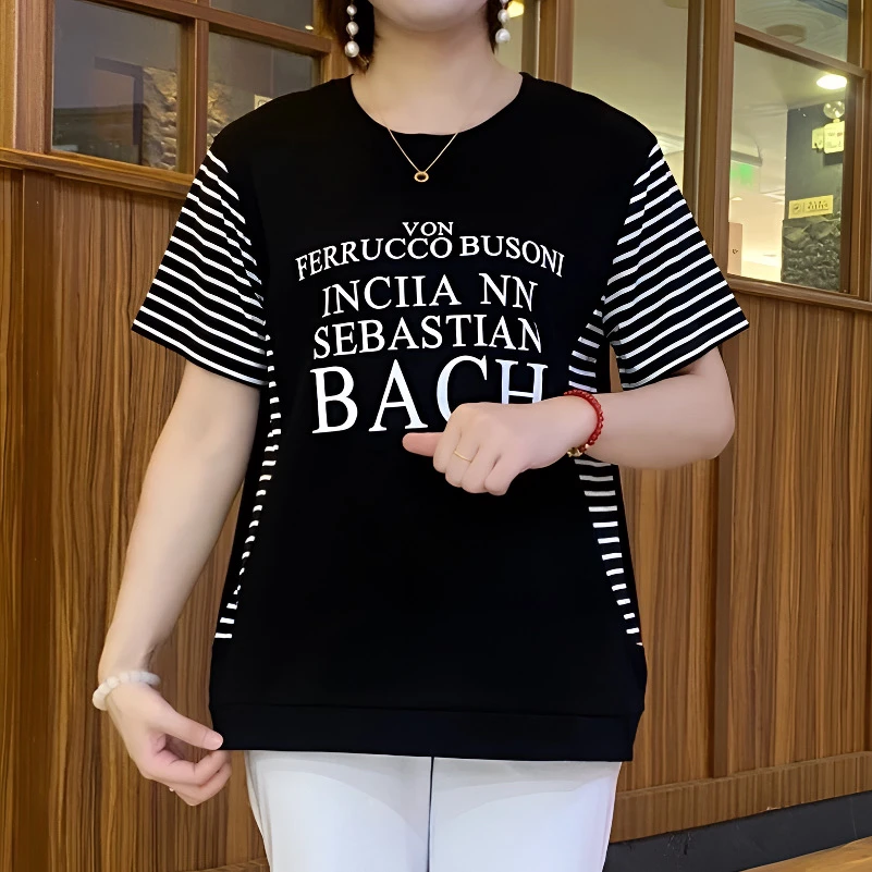 大码条纹T恤夏季圆领印花宽松拼接短袖时尚显瘦韩版百搭休闲上衣