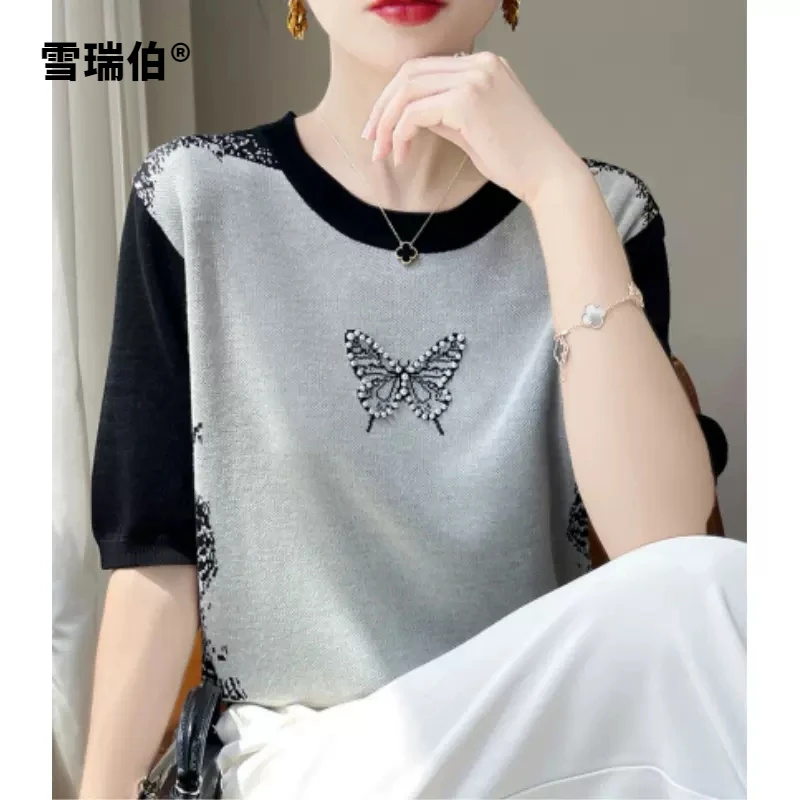 【有长袖】新中式国风水墨画蝴蝶短袖t恤女宽松时尚针织衫上衣