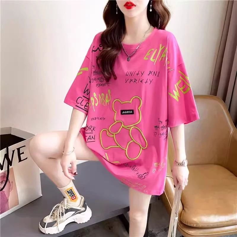 大码女装重工刺绣短袖t恤女夏季2025新款中长款遮屁股洋气上衣服