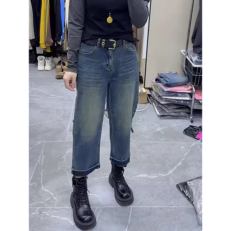 大码百搭九分直筒裤女2025春季新款高腰显瘦牛仔裤潮流弹力老爹裤