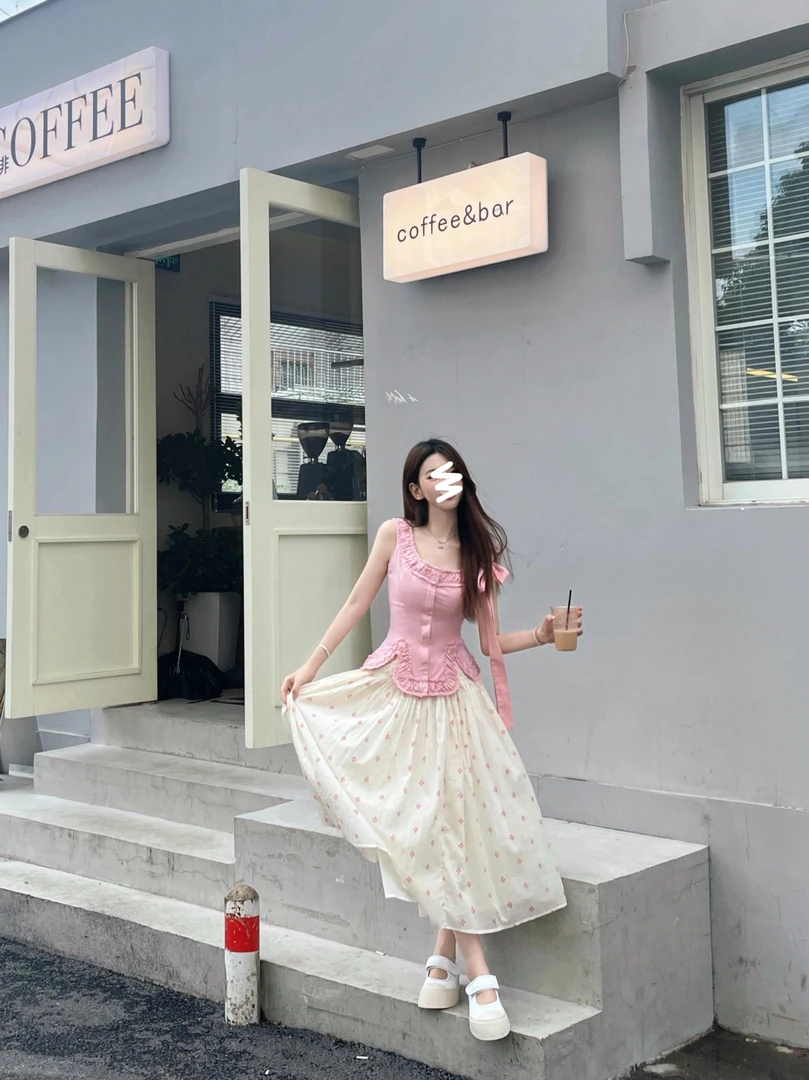 夏季小个子减龄韩风chic一整套穿搭粉色无袖半身裙套装2025新款女