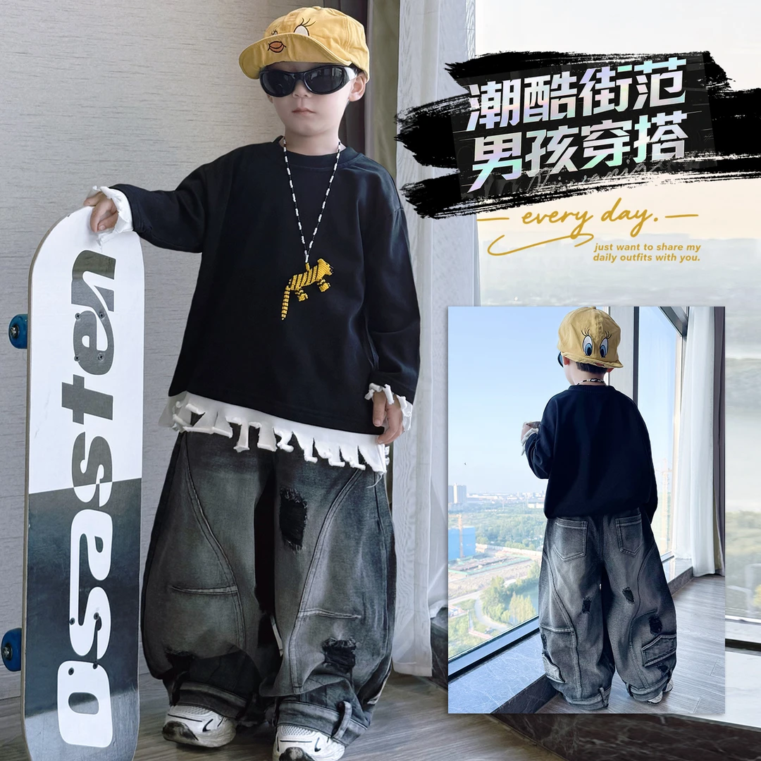 男童套装秋款2025新款儿童洋气韩版中大童运动牛仔两件套衣服童装