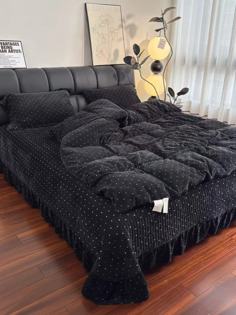 高级感黑色冬季加厚牛奶绒床盖四件套可机洗秋冬加绒被套保暖床盖