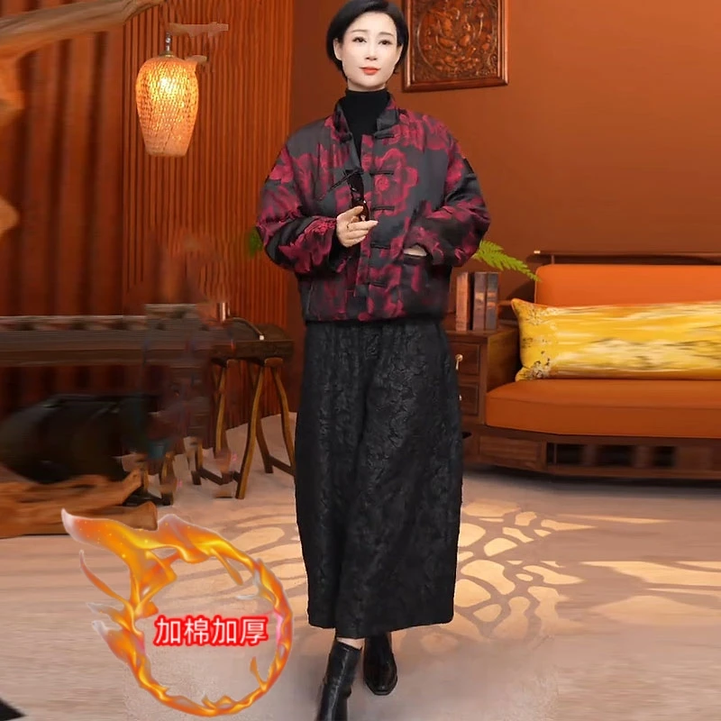 加棉国风提花立领盘扣棉衣棉服复古套装休闲高级棉袄提花九分棉裤