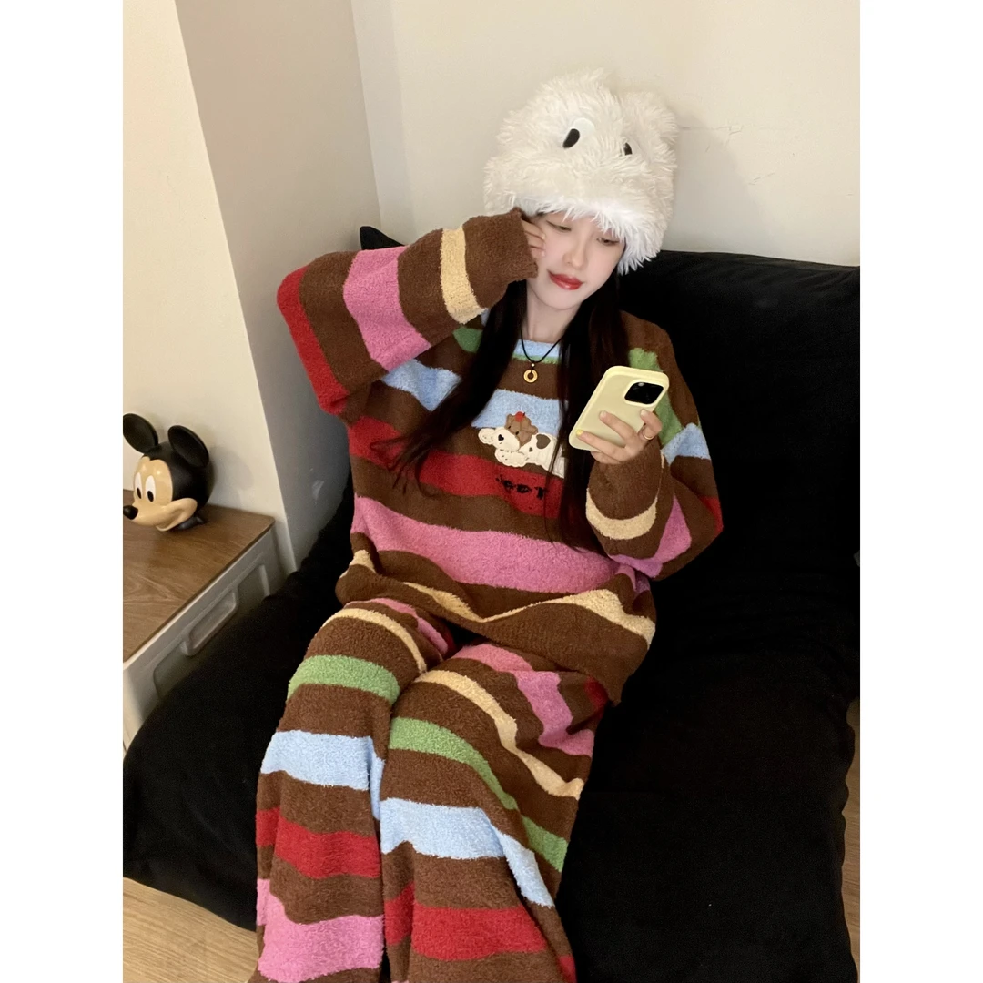 甜美多巴胺撞色条纹睡衣女冬新款半边绒长袖长裤家居服套装可外穿