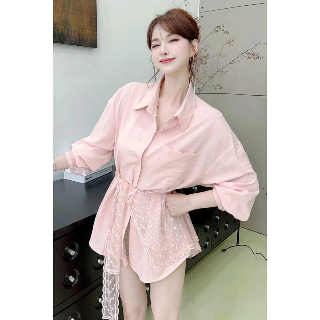 衬衫女2025春秋季新款设计感配蕾丝蕾丝蝴蝶结系带长袖衬衫上衣女