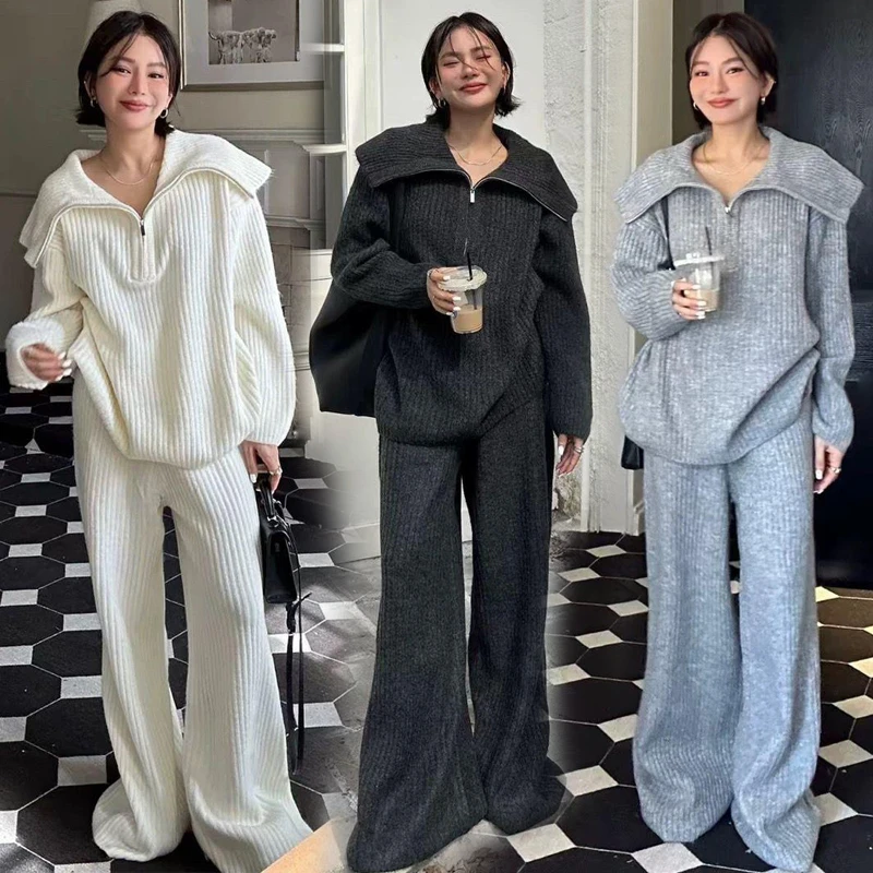 孕妇春秋长袖网红软糯亲肤拉链时尚大翻领毛衣阔腿裤休闲宽松套装