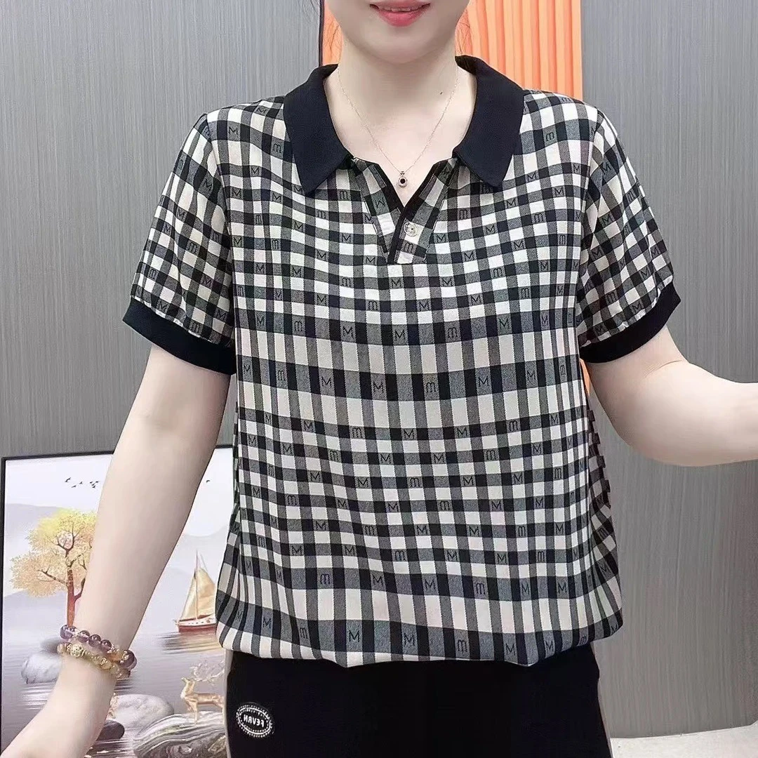 中老年洋气妈妈装夏季格子翻领宽松显瘦休闲短袖上衣