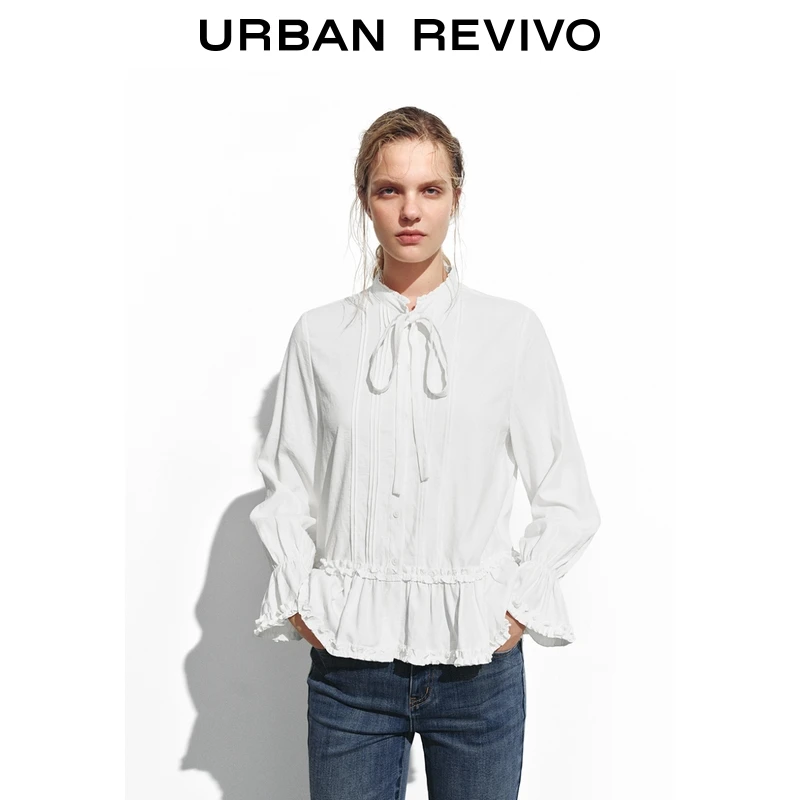 UR2025冬季新款女装芭蕾风木耳边系带开襟衬衫UYL250148