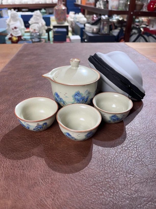 090冰裂纹千里江山一壶三杯旅行茶具
