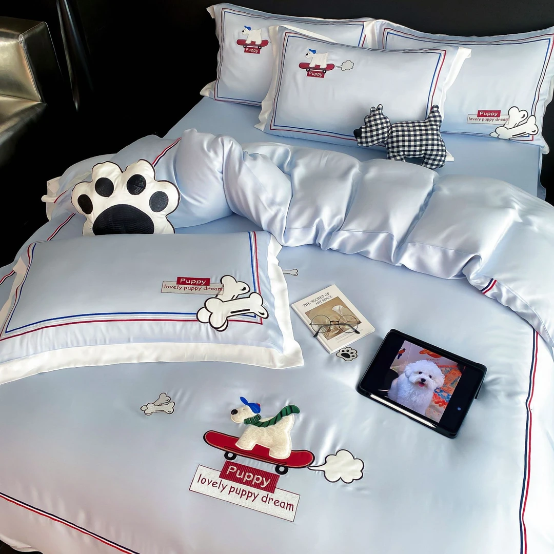 滑板狗丨天丝棉贴布绣织带工艺轻奢高级感亲肤柔软透气裸睡四件套