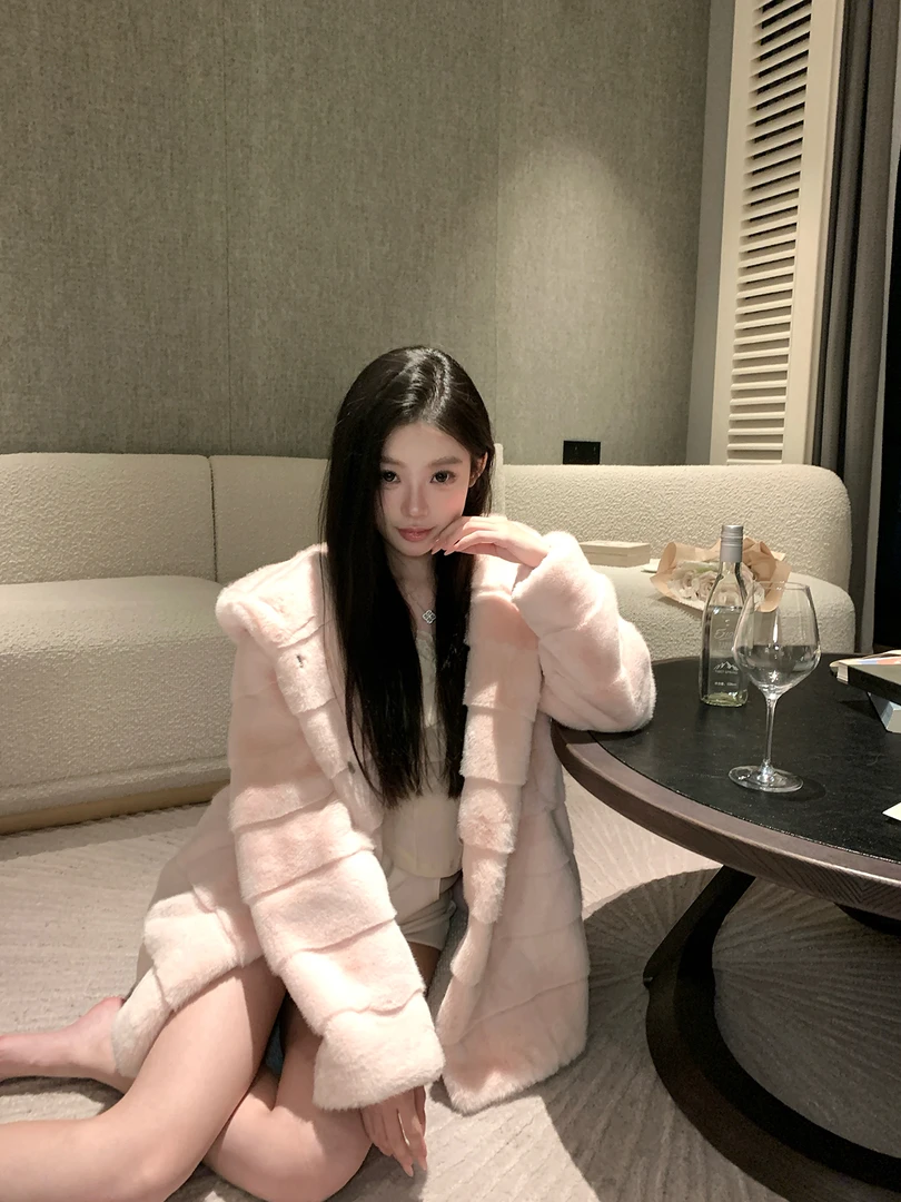 人造皮草 定染连帽中长款环保仿貂皮草氛围感毛毛外套女