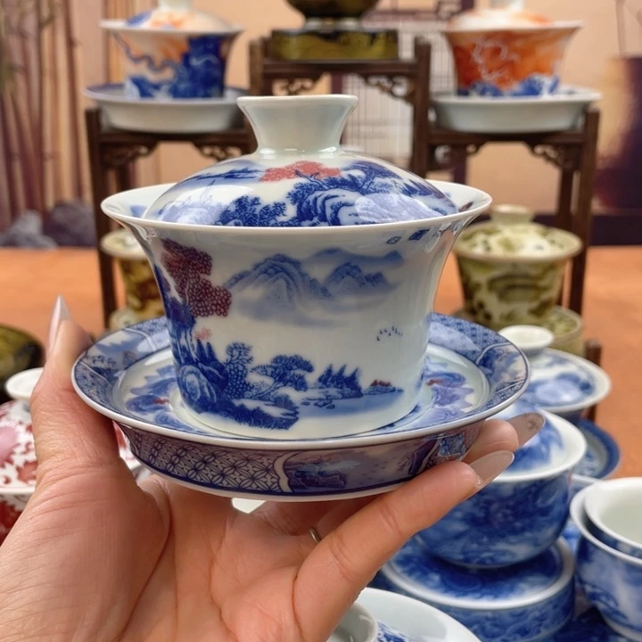 摆件陶富春山居图马蹄盖碗