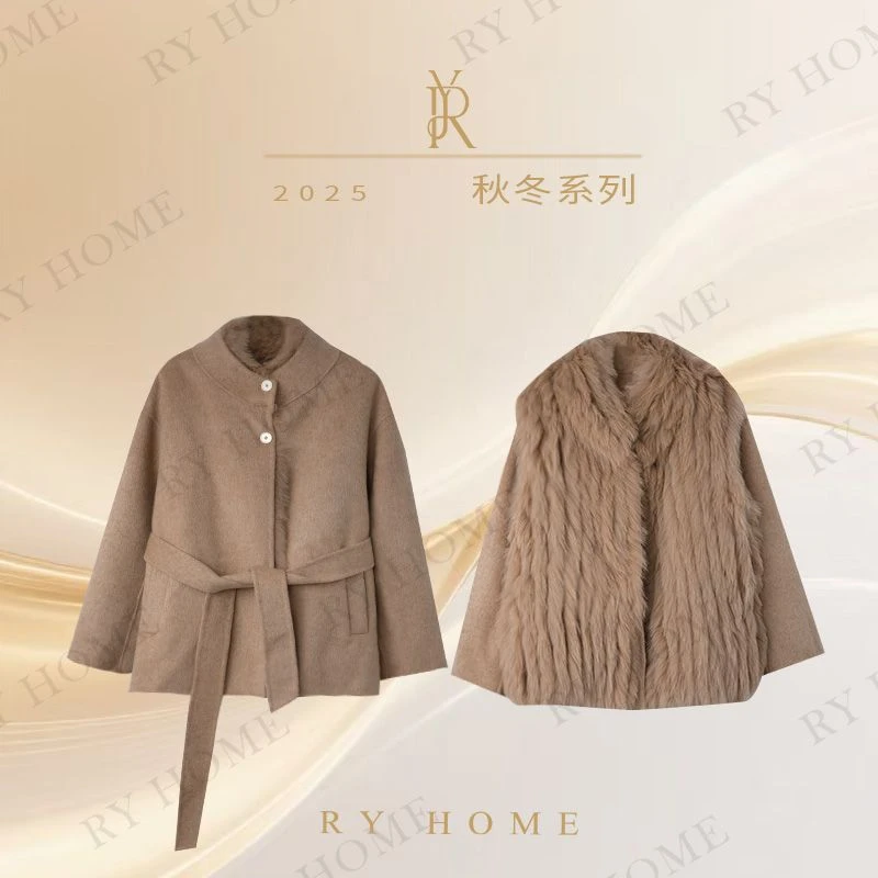 【容雨RYHOME】100%绵羊毛一衣四穿狐狸毛双面呢大衣外套253W2648