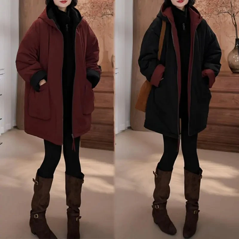 双面穿棉衣棉服冬季新款百搭气质减龄加厚保暖中长款连帽外套女
