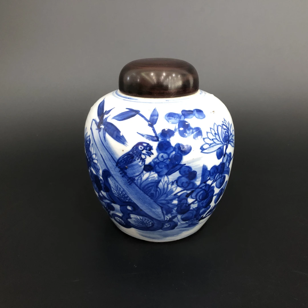 25110038 清光绪青花花鸟纹罐 高14.5cm